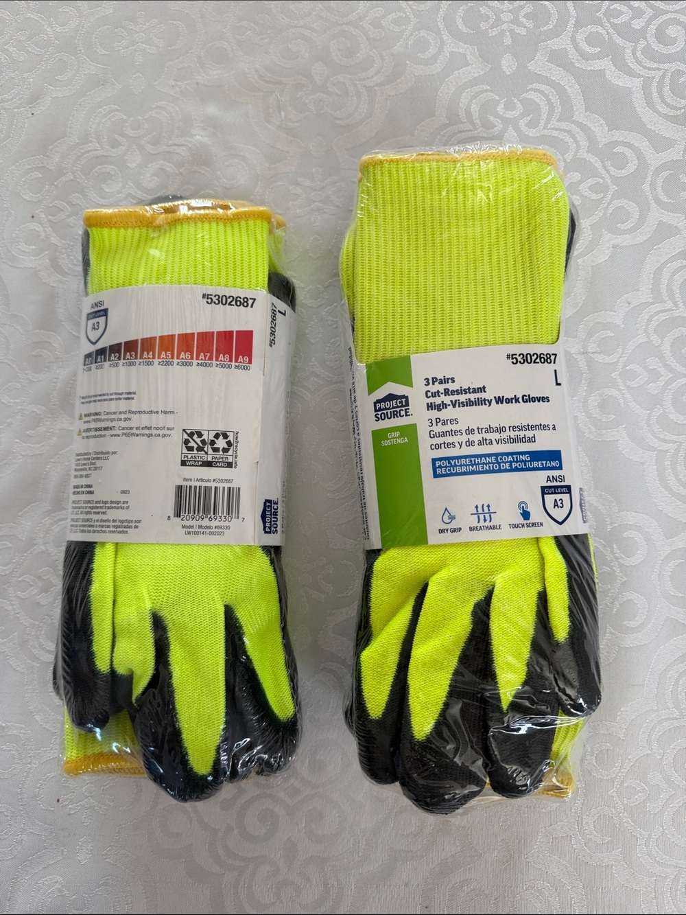 High-Visibility Yellow Cut-Resistant Work Gloves - 3 Pairs